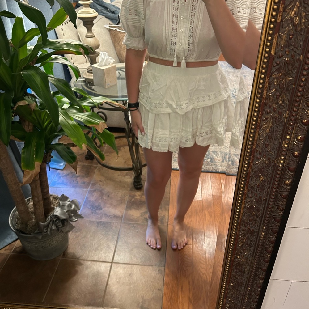White Lace Two-Piece Crop Top and Ruffle Mini Skirt Set